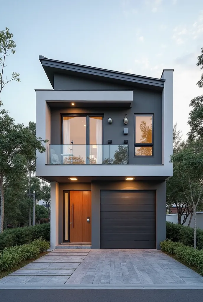 a modern minimalist 2 storey house, a total area of 100 square meters. the ground floor exterior; the front must have a door, garage at the right, a window on the center, a door on the left. the second floor exterior: 2 windows left and right. the left sid...