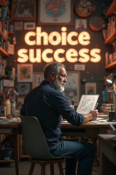 A man in his studio with 'Choice Success' written in light in the background