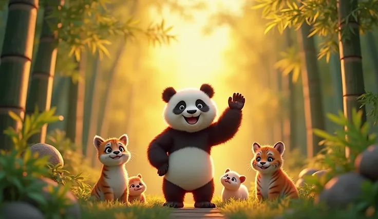 A heartwarming and adventurous YouTube banner featuring a brave and kind panda as the main character. The panda stands heroically in the center, surrounded by a lush bamboo forest with a golden sunset glow, symbolizing warmth and hope. In the background, v...