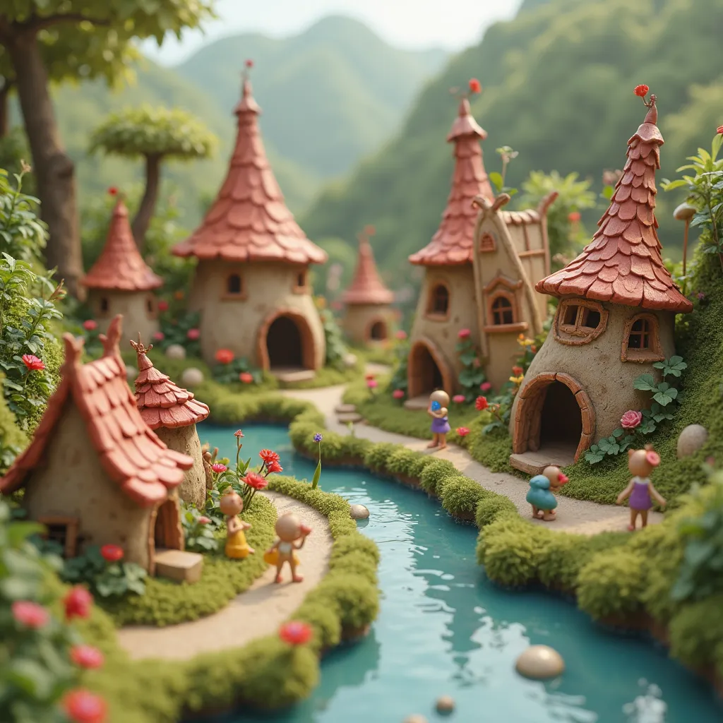 4k,Pixar Style, Fantasy, Clay miniature fairy village, soft lights