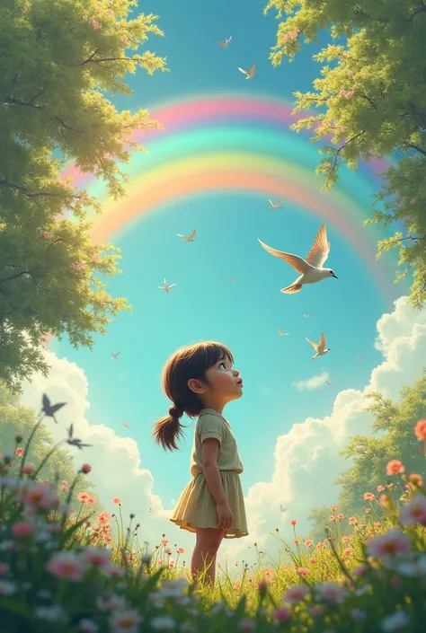 the girl looks at the rainbow around the trees are blooming, flying birds