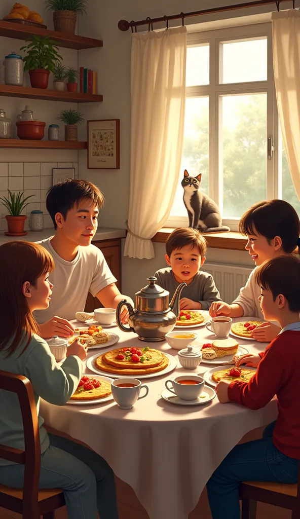 The family is sitting at the table and eating pancakes with different fillings, they drink tea from a samovar pour tea into a cup, a cute cat is sitting on the windowsill and looking at the family