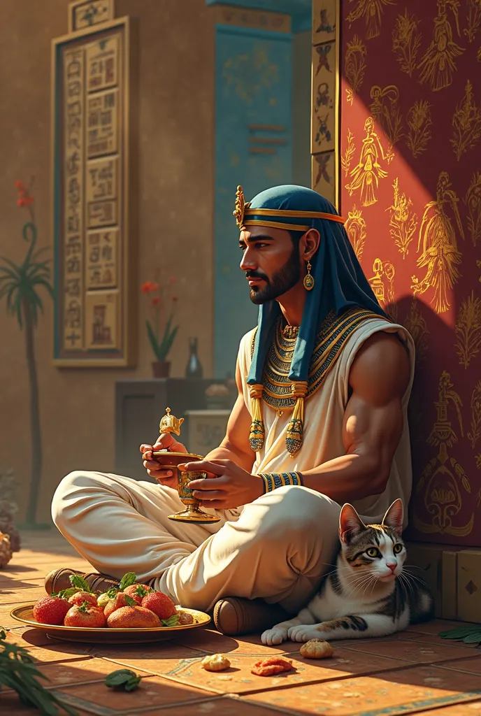 The king of Egypt sit on floor with his pet,eating delicious food's.