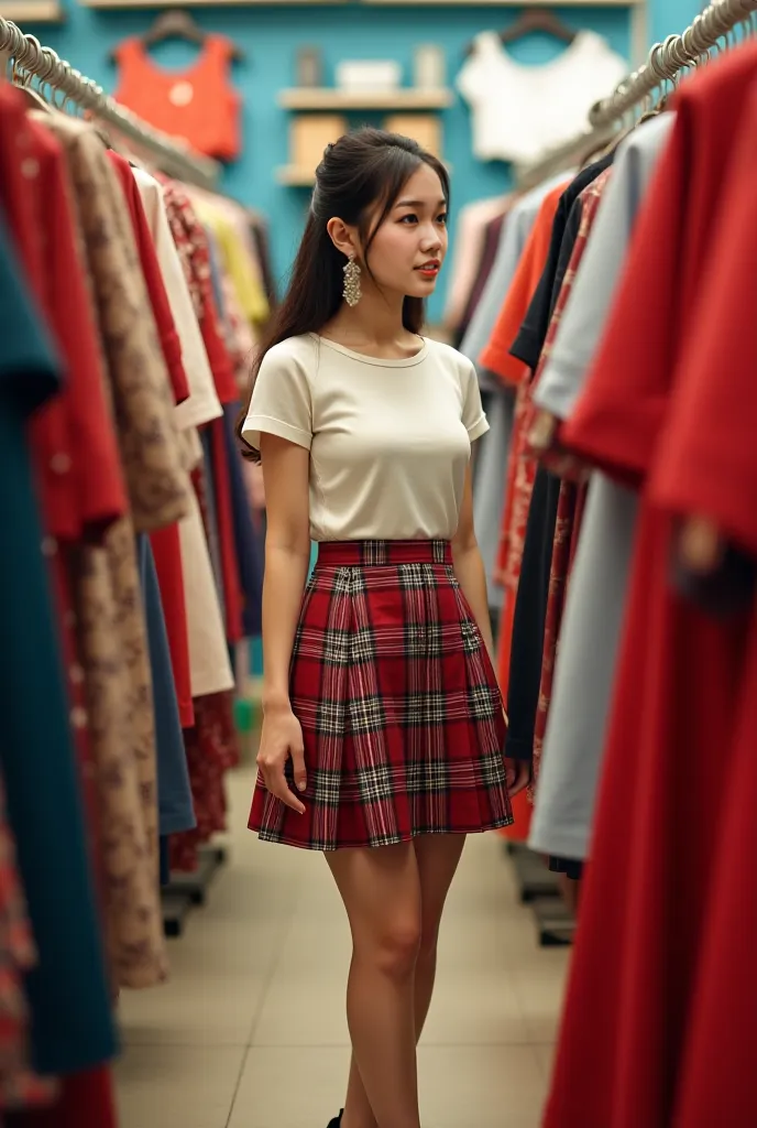  Taiwan Young Beauty ， Earrings，Fit Round Neck Short Sleeve Top，Scottish Style Skirt，stockings，high heels，looking at clothing store clothes at clothing store，Realistic photos