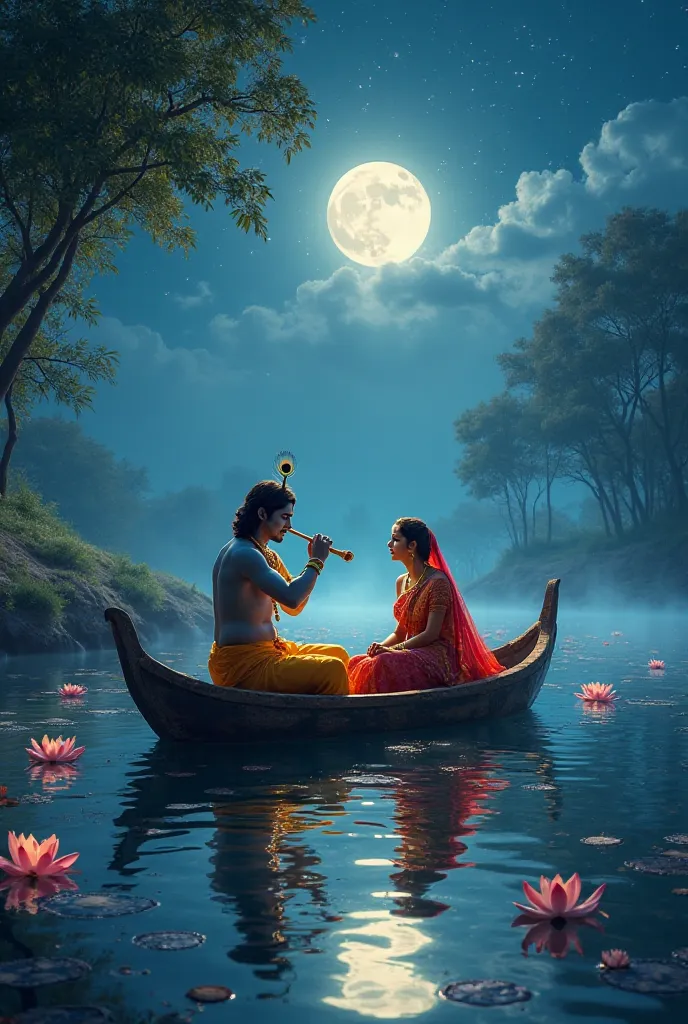 "A mesmerizing night scene on the banks of the Yamuna River, where Lord Krishna and Radha are enjoying a peaceful boat ride. The moonlight reflects beautifully on the calm waters, creating a divine glow. Krishna, dressed in his traditional yellow dhoti and...