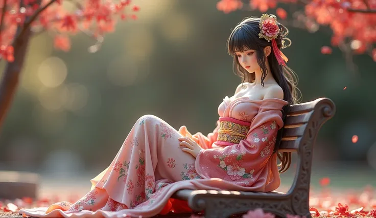 a figurine of a woman sitting on a bench, featured on amiami, highly detailed kimono, beautiful detailed figure, highly detailed figure, ( highly detailed figure ), anime figurine, extremely detailed goddess shot, cute miniature resine figure, resine figur...