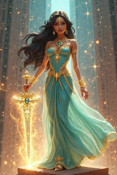 An ultimate magical girl form of Princess Jasmine, in a dazzling, form-fitting outfit that blends power and allure. Her bodysuit is turquoise with gold and sapphire embellishments, glowing with mystical patterns. Flowing translucent fabric trails behind he...