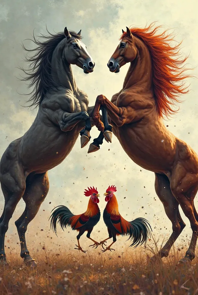 Image of two horses fighting and in the middle of them two fighting roosters also fighting