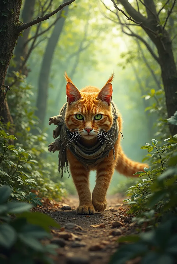 How an orange cat in tattered clothes walks into a forest