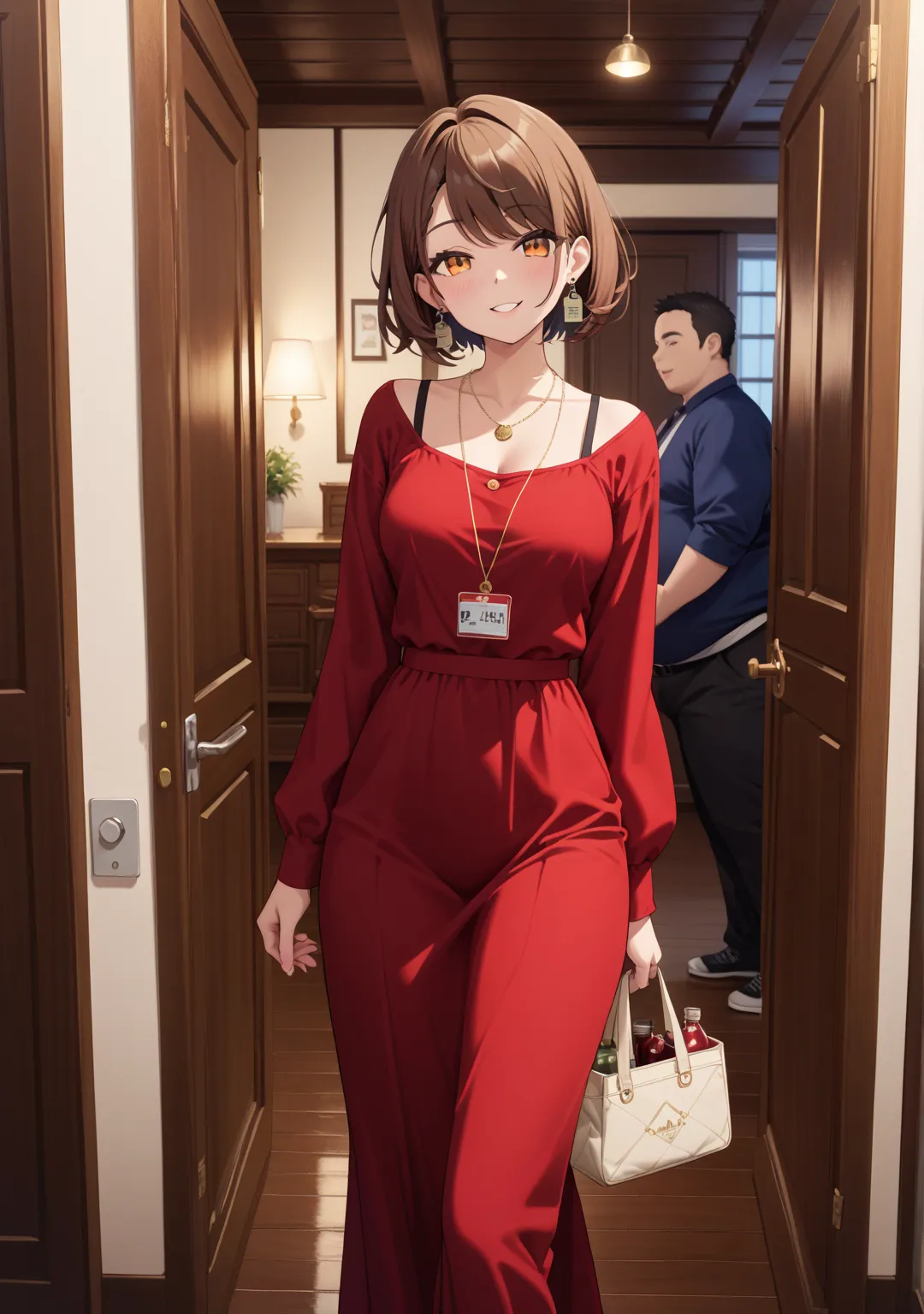 nsfw,night,one girl,,short hair,straight hair ,brown hair,brown eyes,swept bangs,Burgundy Dress,bag,lounge,walking,Alcohol,Fat men,open the door