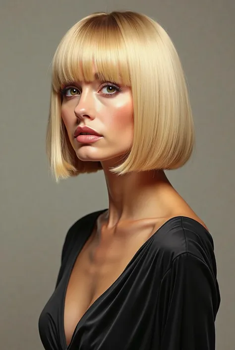 a woman with a blonde  cut bob breasts and a black top, a photorealistic painting inspired by Bob Singer, trend in society cg, Fine Arts, perfect cut, shiny bob haircut,  cut bob breasts hair, chin-length hair,  cut bob breasts, blond bob haircut, chrome b...