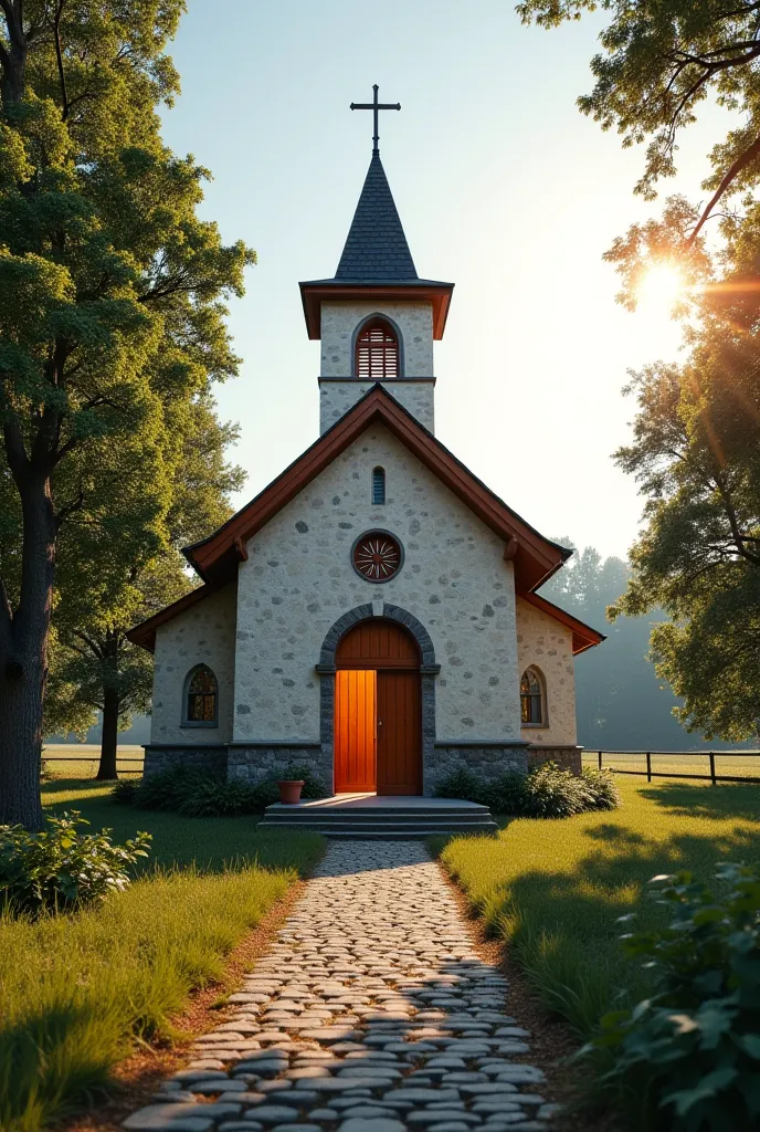 A typical village church with a small tower and cross. A few trees around it and a paved path leading to the door, Which should be on. A slight warm glow should come out of the door. In general, you should use natural tones. The image is intended to take u...