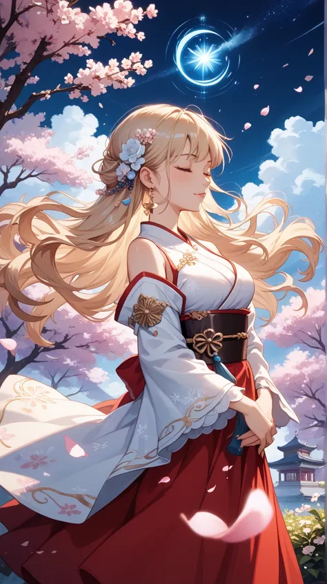 A dreamlike night where cherry blossom petals fall gently, floating through the air like whispers of the past. The scene is illuminated by soft moonlight, casting an ethereal glow on the drifting petals. A young woman with long flowing hair and a peaceful ...