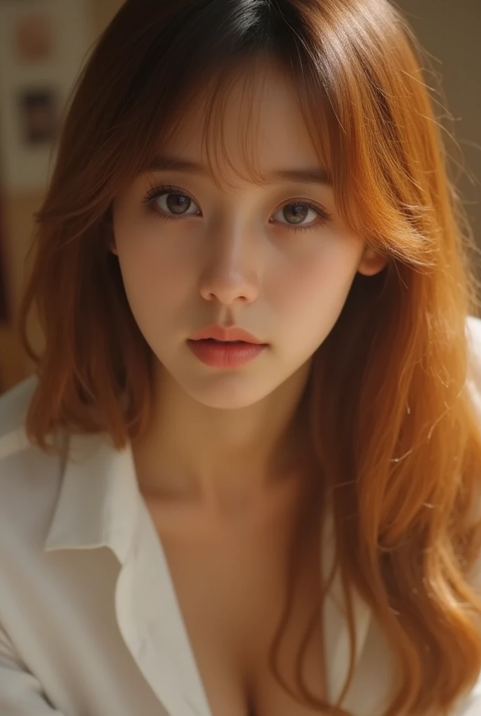 (akaninbat) 1girl, solo, orange long hair, Wavy hair ((( Low-angle shot showing the entire cheek, biologically accurate images, and stare at the camera :1.22, lean forward, loose open shirt, underwear))), hotel room, Indirect Lighting, nudes, completely na...