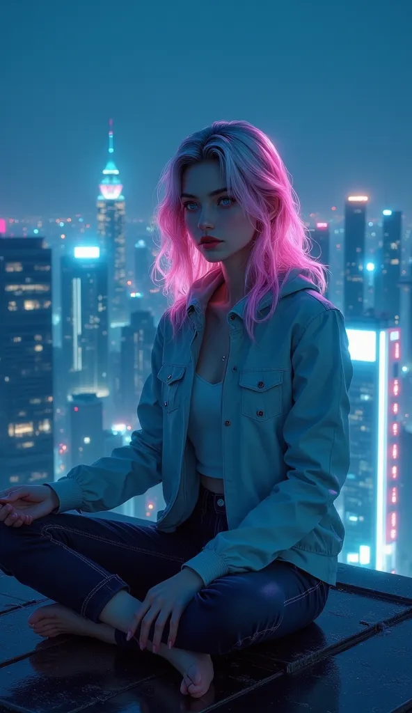  in the style of cknc, in the style of cksc, focused subject, dynamic angle, android woman, meditating pose, serene expression, featureless glowing eyes, ponytail, neon hair, casual clothes, glowing cybernetics, on a rooftop, midnight, best quality, highly...