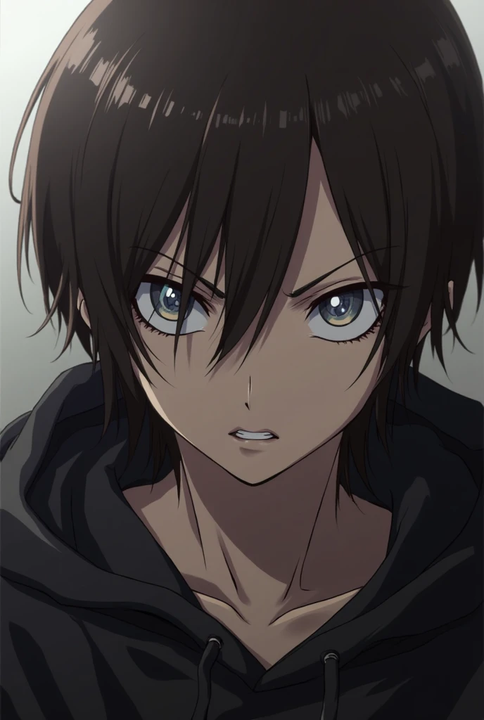 Erin Yeager, Attack on Titan, is an adult, with dark brown and long hair down his face and up to his neck, angry expressions, silver eyes with light, black hoodie, anime style, Mappa studio 