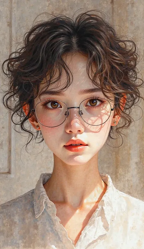 Minimalist watercolor realistic painting by Chinese painter Xu Beihong, simple, close-up of a woman with short curly hair and glasses in the living room, with sad eyes, light and shadow enhance the details of the glass lens, rendering, blooming, abstract, ...