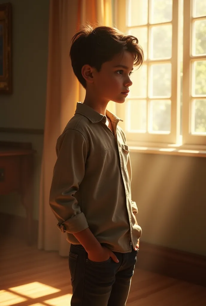 A handsome boy stand in a room  lights and shadow of window