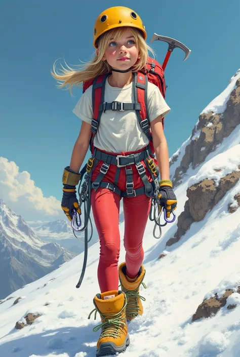 A girl dressed in red leggings, a T-shirt, wearing yellow and mustard boots, with carabiners and an ice ax on her belt, a coiled rope slung over her shoulder, and other climbing equipment is walking down a mountain slope.