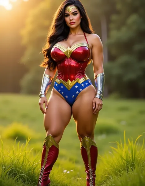 Masterpiece hyperrealistic image, Big chest 48GG, enlarged silicone bikini. Chest raised by a push-up bra. Create an image of Francesca James, pornstars, wearing a glossy Wonder Woman spandex. The suit looks like this, as if glued to her body. With high-he...