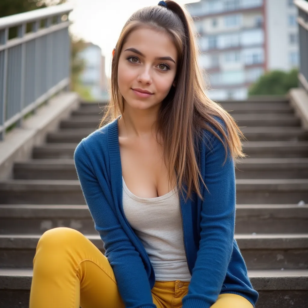 woman sitting on stairs. Has a blue sweater on. Yellow jeans and sneakers In the background you can see the apartment blocks,  style photorealistic ,  sharp focus, very detailed, sunlight, Detail,  full body