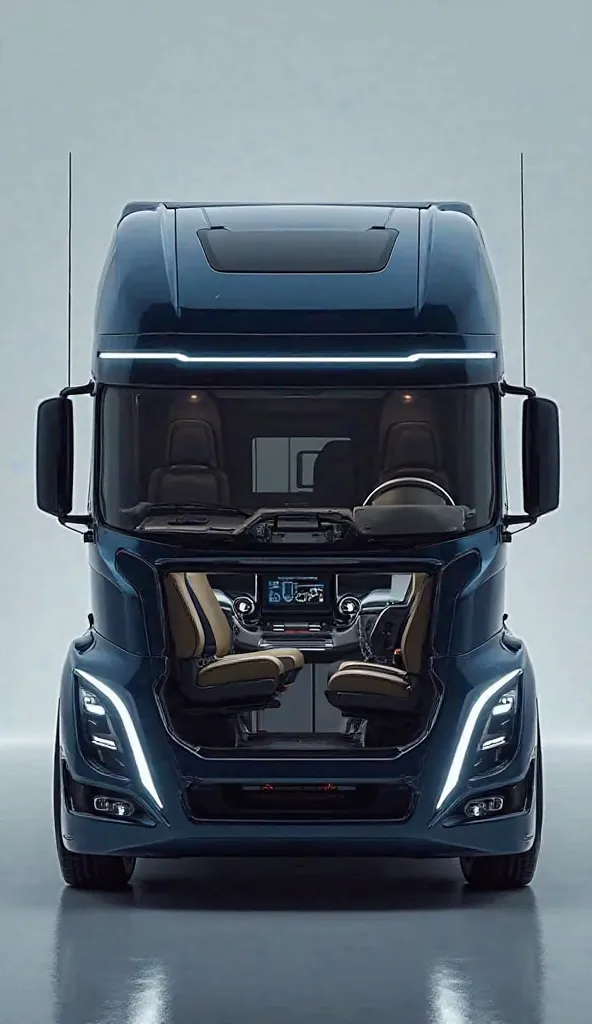 Volvo VNL 192 truck 2025 model dark blue metallic color full interior view in dashboard and seats