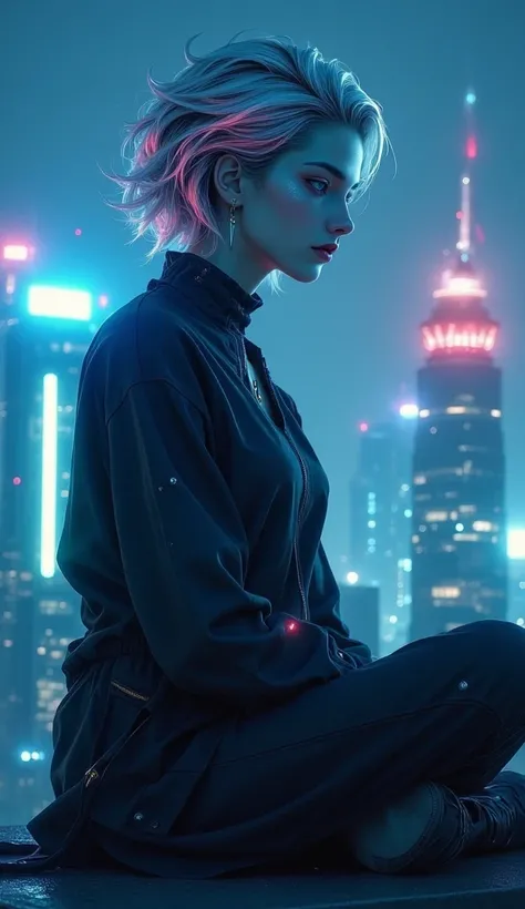  in the style of cknc, in the style of cksc, focused subject, dynamic angle, android woman, meditating pose, serene expression, featureless glowing eyes, ponytail, neon hair, casual clothes, glowing cybernetics, on a rooftop, midnight, best quality, highly...