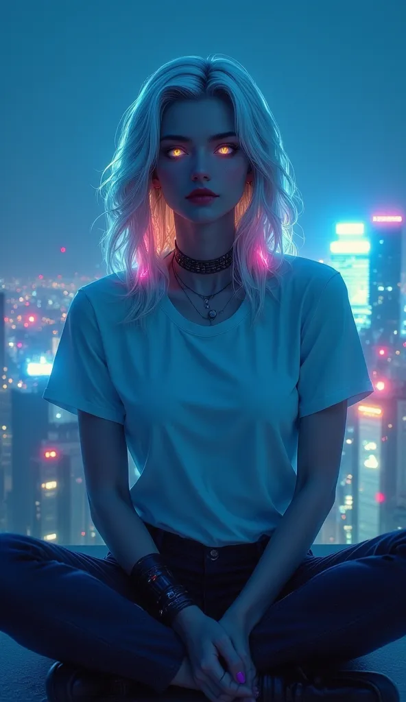  in the style of cknc, in the style of cksc, focused subject, dynamic angle, android woman, meditating pose, serene expression, featureless glowing eyes, ponytail, neon hair, casual clothes, glowing cybernetics, on a rooftop, midnight, best quality, highly...