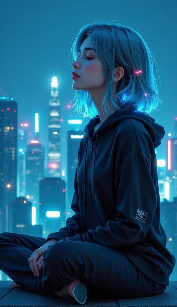  in the style of cknc, in the style of cksc, focused subject, dynamic angle, android woman, meditating pose, serene expression, featureless glowing eyes, ponytail, neon hair, casual clothes, glowing cybernetics, on a rooftop, midnight, best quality, highly...