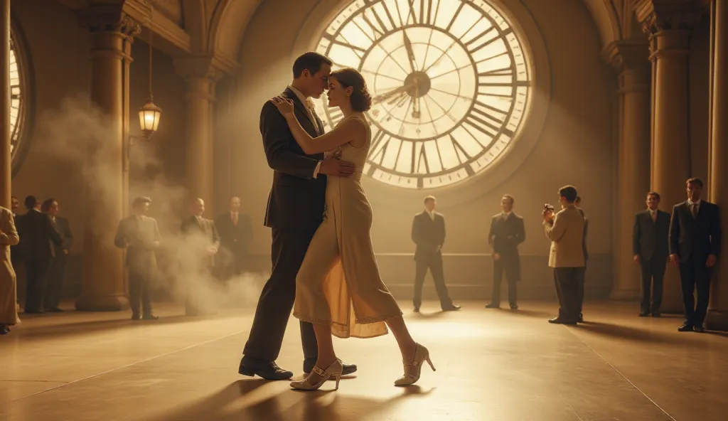 cinematic scene of a young couple dancing a slow waltz under the grand clock of a 1930s Parisian train station. The atmosphere is bathed in warm golden and honey tones, with soft ambient lighting creating an intimate and nostalgic mood.

The woman wears el...