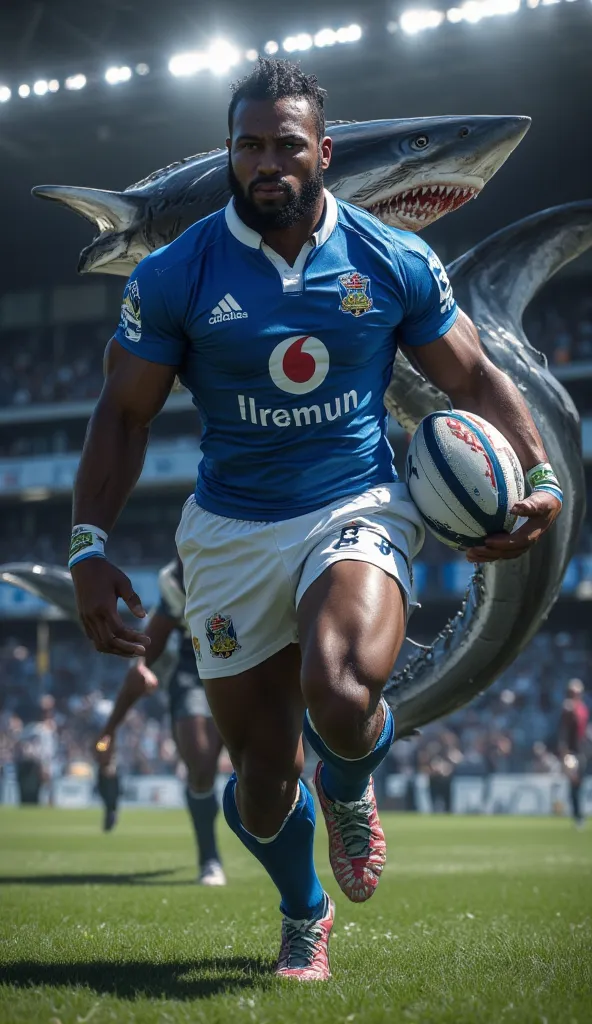 highly ultra realistic cinematic image of a powerful Fijian rugby player holding a rugby ball in full rugby uniform walking forward alongside a warrior shark. The rugby player wears modern Fijian, blue and white, complete with an authentic uniform. The war...