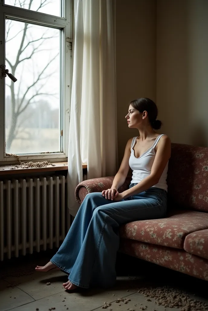 Russian woman jeans flare without shelter sitting on the old sofa side broken window with wind curtains in the abandoned house 