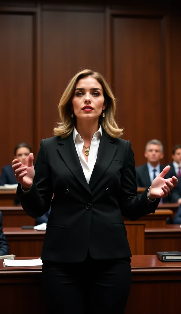  female lawyer is standing in a grand courtroom, delivering a powerful defense speech. The camera angle is low, emphasizing her authority and confidence. She wears a black tailored suit with a crisp white shirt and a gold brooch at the collar.  One hand is...