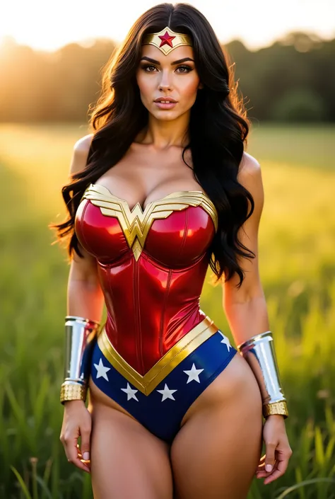 Masterpiece hyper-realistic image, Large breasts 48GG, enlarged silicone breasts. Breasts are lifted by a push-up bra. Create an image of Francesca James, a porn star dressed in a glossy spandex Wonder Woman costume. The costume looks like it's glued to he...