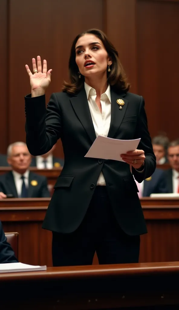  female lawyer is standing in a grand courtroom, delivering a powerful defense speech. The camera angle is low, emphasizing her authority and confidence. She wears a black tailored suit with a crisp white shirt and a gold brooch at the collar.  One hand is...