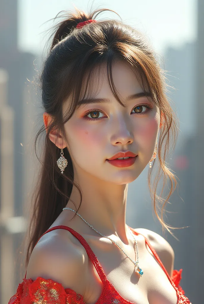 Beautiful urban college girl、masterpiece、Light makeup、Red lips、Silver Hair、long messy hair、Background of the cityscape、beautifully、elegant。 Ultra-fine detail、masterpiece、Authentic texture、Cinematic Lighting Realism、perfect piece、16K、HD、exquisite features、b...