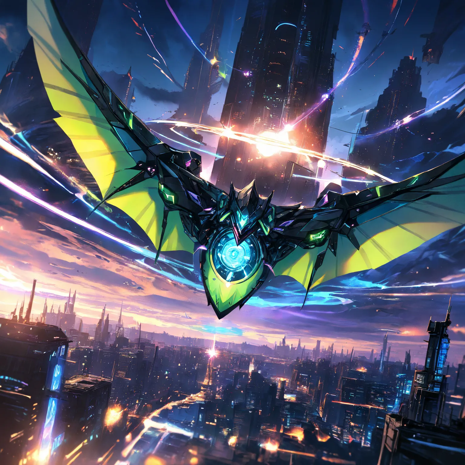 High resolution, environment dark city, Close angle, giant size, Green pterodactyl, flying pose, dramatic lighting, digital painting, vivid colors, anime atmosphere, fantasy style 