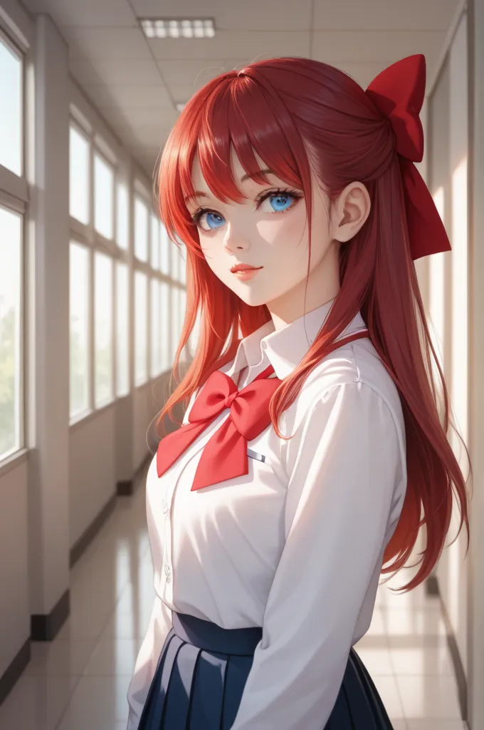 Alya mikhailovna - girl,  7 breast size , silver long hair, blue eyes, red hair bow , in school uniforms, anime, 2D