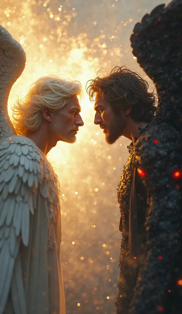 A dramatic close-up scene of two opposing angels engaged in an intense debate. On the left, a radiant, benevolent angel with a serene face, glowing golden eyes, and large, majestic white wings. His expression is calm yet firm, radiating wisdom and purity. ...