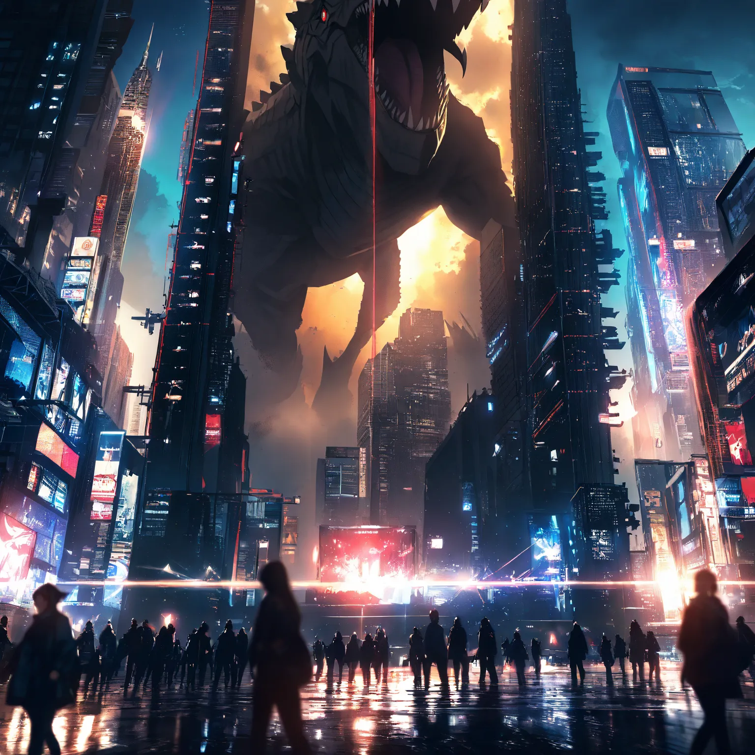 High resolution, environment dark city, Close angle, giant size, Red Tyrannosaurus, roaring pose, dramatic lighting, digital painting, vivid colors, anime atmosphere, fantasy style 