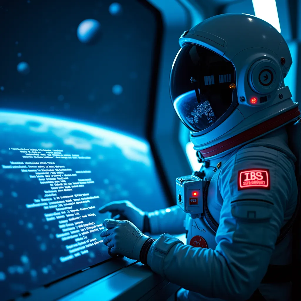 Astronaut on a high-tech space station with subtle elements such as a crescent moon figurine in the eyes of an astronaut {x} “An astronaut on a high-tech space station is coding on a futuristic hologram screen. Orb A stunning view of the Earth and deep spa...