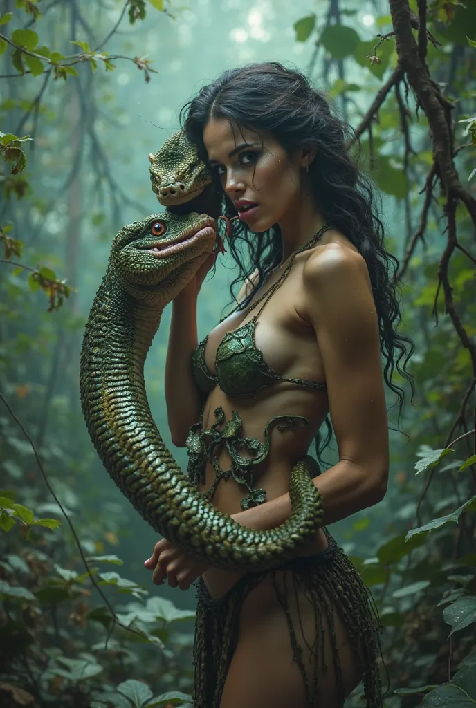 Sexy woman-snake vore whole pig