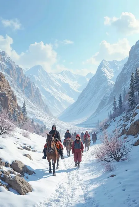 between two snowy mountains and have them walking on their feet , there are only 2 horses 11 people and 3 boy ren, and that everyone should have used old clothes and that everyone be Kyrgyz . Draw 3d and a high view
