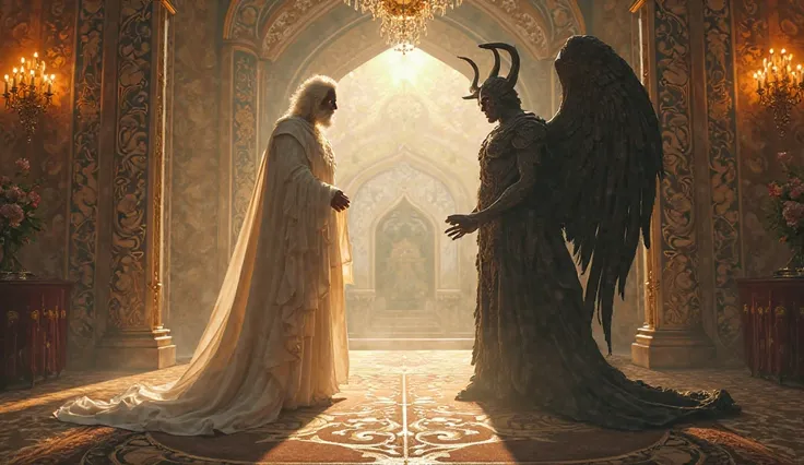 God and Satan talking in an ancient home 