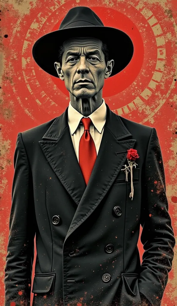 There is a picture of a 40 years old filipino man wearing a hat, Three-button jacket,button shirt,tie red, inspired by Rudolf Hausner, style of hajime Sorayama , graphic details , by Rudolf Hausner,occult art , hajime Sorayama design woman,shohei otomo, ve...