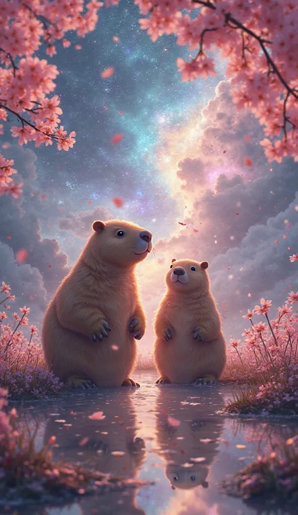 Capybaras standing in a glowing galaxy in a cherry blossom frame