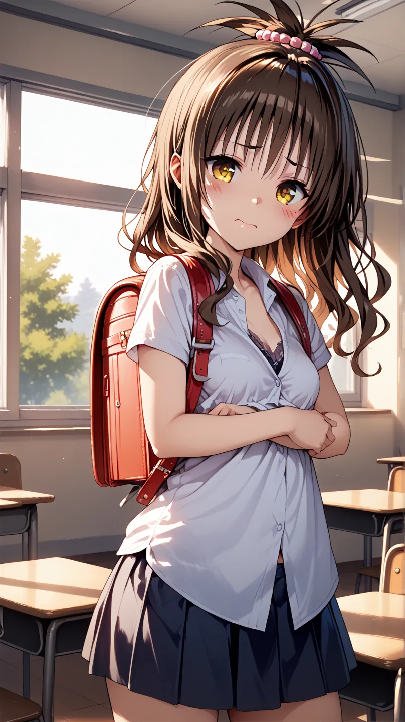    1 girl, alone , Big Breasts,  backpack🎒, in the morning, Alone, long hair, brown hair, topknot, hair bobbles, yellow eyes, small breasts  , embarrassed face　 is facing the front , classroom