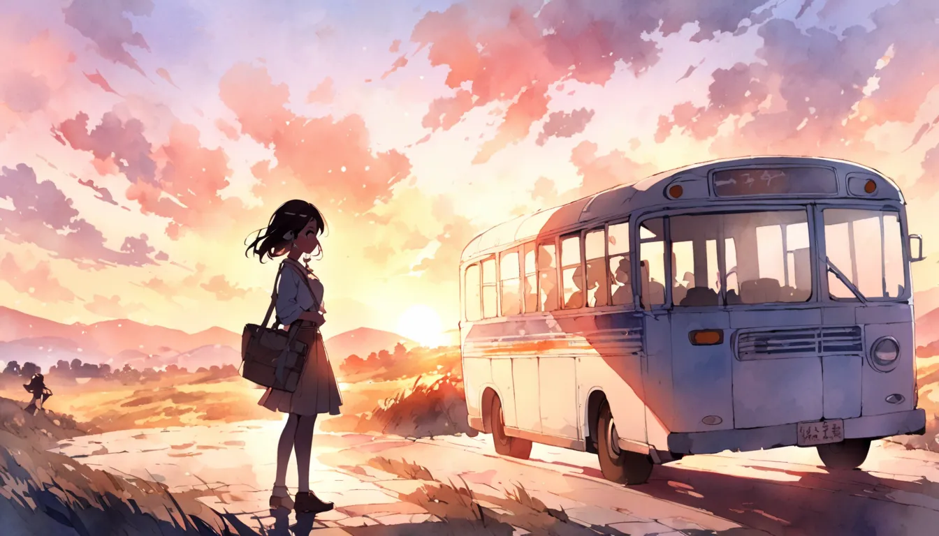  silhouette of a female student standing at an abandoned bus stop in the countryside、  Look at Me and Laugh、 raise one hand、Showa Era Scenery、sunset、watercolor、 Half Body Pictures