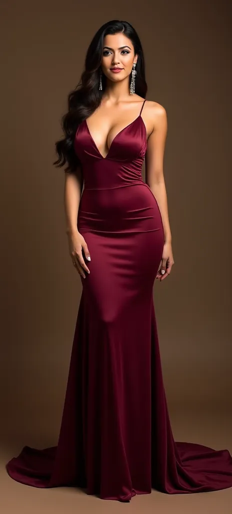 Fair skin young busty body, slim thick curvy flaunts curves in extremely skin tight sleeveless dark wine satin maxi dress, long earrings. High heels, full view from head to toe.realistic, big boobs, deep cleavage maxi dress, 