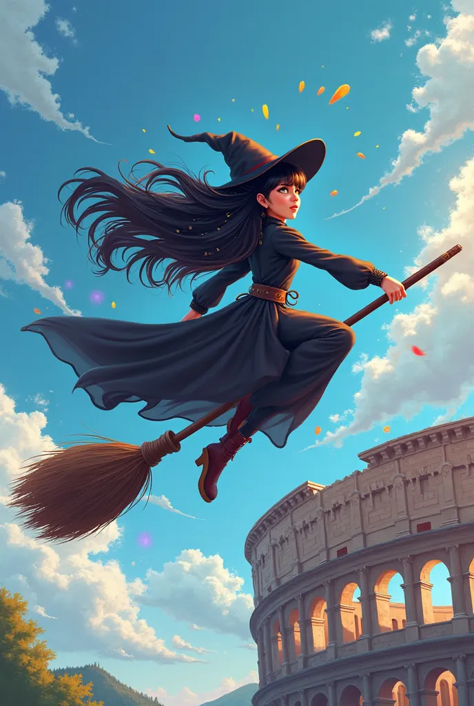 Make a photo of a magical girl with long black hair, wearing black witch clothes, flying on a broomstick, with a view of the Italian Colosseum, 2D cartoon